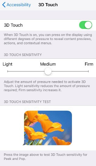 Screen shot of the iPhone 3D Touch Accessibility