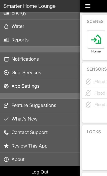 Screen shot of the Enercare Smarter Home app drop-down menu