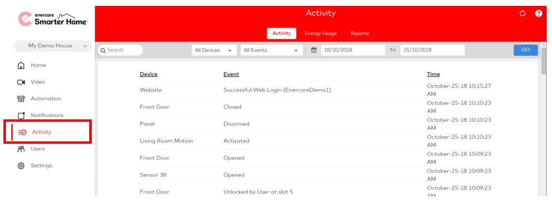 Activity menu on the Enercare Smarter Home app