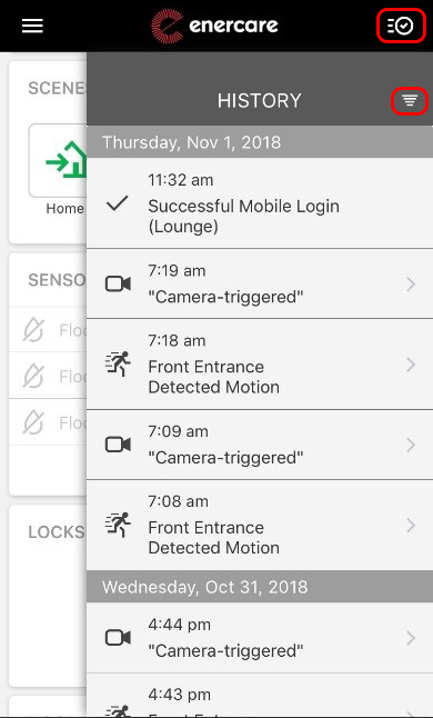 Screen shot of the event history within the Enercare Smarter Home mobile app