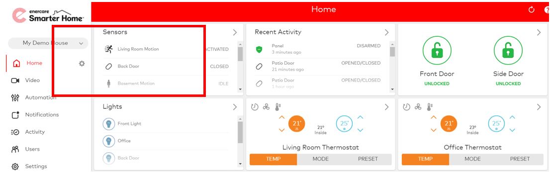 Enercare Smarter Home Door and Window Contact Sensor main page menu