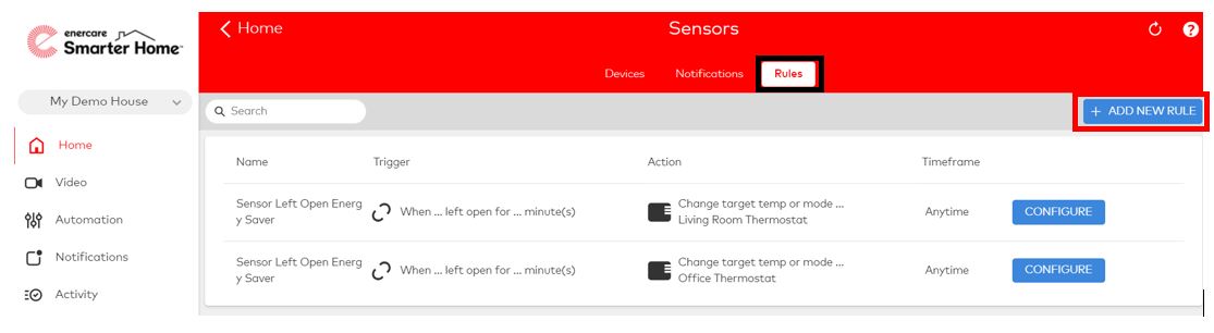 Enercare Smarter Home Sensors Menu Rules