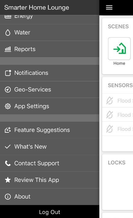 Screenshot of the drop-down menu in the Enercare Smarter Home mobile app