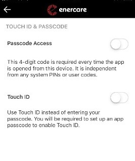 Screen shot of Touch ID toggle on the Enercare Smarter Home mobile app