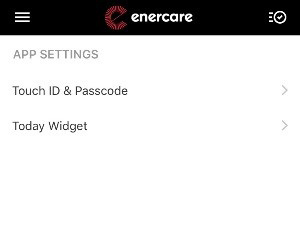 Screen shot of Touch ID menu in the Enercare Smarter Home mobile app