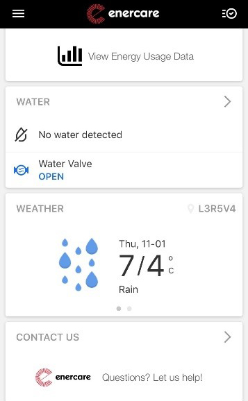 Weather screen shot in the Enercare Smarter Home mobile app